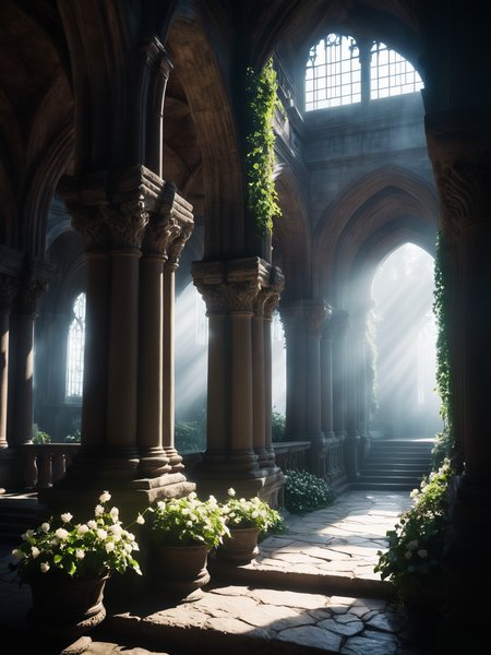 Interior of a ancient temple with a bridge, gothic architecture, mose, ivy, flowers, fog,Dave Rapoza, wide shot, cenital, hyper realistic, 4k resolution, artwork, digital art, cinematic, intrincate, wide shot, bokeh, light shaft cinematic atmosphere  <lora:sd_xl_dpo_lora_v1:1> <lora:great_lighting:1> great lighting, masterpiece, best quality, ultra high res, (photorealistic, realistic:1.2), deep shadow, raw photo, film grain, Fujifilm XT3, 8k uhd, dslr