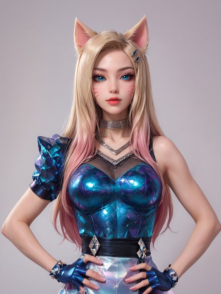 1girl, k/Da (league of legends), ahri, (official k/da), (league of legends), blonde pink hair, fox ears, k/da two-tone outfit, shoulder armor, <lora:AhriPonyV1:0.6>
looking at viewer, hands on hip,