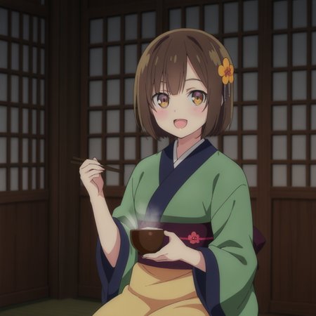 nsfw, masterpiece, best quality, 1girl, solo, seirei_gensouki_ruri, sitting, japanese clothes, sitting, kimono, green kimono, brown hair, short hair, holding, hair ornament, smile, bowl, open mouth, sash, blush, obi, looking at viewer, chopsticks,hair flower, bangs, food, :d, indoors, brown eyes, holding bowl, <lora:Ruri_-_Seirei_Gensouki:0.7>
