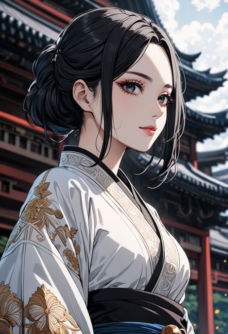 gorgeous lips, cinematic, (masterpiece), (best quality), (ultra-detailed), very aesthetic, illustration, perfect composition, intricate details, absurdres, detailed face, (anime, masterpiece, intricate:1.3), (best quality, hires textures, high detail:1.2), (4k),(incredibly detailed:1.4) (beautiful detailed face, beautiful detailed eyes)
villain, 1woman, arrogant smile
high pointed nose, (nostrils:1.3), no bra, blurry, 22-year-old woman, pale skin,
black eyes, bob black hair, big brests
white kimono, pelvic curtain on ass, large ass, from behind, outdoors,  dimly lit,