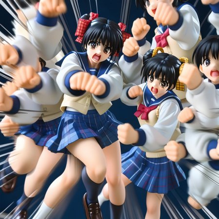 1girl,<lora:pony_xl_narusawa:0.8>,narusawa,score_9,score_8_up,score_7_up,source_anime,black hair,
solo,
looking at viewer,school uniform,long sleeves,vest,pleated skirt,plaid skirt,socks,loafers,cowboy_shot,
serafuku,fighting_stance,
cute,smile,open mouth, 
<lora:rushpunchXLpony002>,
rushpunch,punching,multiple hands,fists,clenched fists,(motion_blur:1.2),(motion line:1.1),speed_lines,
<lora:datou_xl-000010:1>,