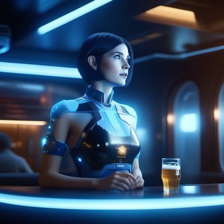 cinematic photo full body portrait 1girl, short hair, blue skin, science fiction, transparent hologram, having a beer in a spaceship  pub  <lora:Cortana1024:0.8> . 35mm photograph, film, bokeh, professional, 4k, highly detailed