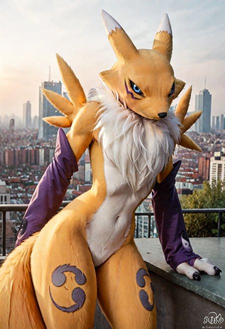 score_9, score_8_up, score_7_up, score_6_up, score_5_up, score_4_up, BREAK, solo, 1girl, renamon, anthro, furry, furry female, furry body, detailed fur, realistic fur, yellow fur, blue eyes, black sclera, flat chest, thin waist, slender waist, thick thighs, huge thighs, (tail:1.5), dipstick tail, mostly nude, purple bridal gauntlets, no nipples, featureless crotch, action pose, dynamic pose, sexy pose, arched back, bent over, bending over, city rooftop, photorealistic, hyperrealism, photography, real life