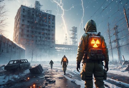 OPPENHEIMER, Scum game background, Chernobyl disaster, The nuclear power plant was destroyed after the explosion , Intercontinental ballistic missile Nuclear weapon, Russian alphabet, Apocalypse,girl,  fire,  glowing x, minimalist short outfit, anti social , escapade running, falling snow, cyberpunk ruined ancient city, intricate details,8k post production, faithful, Religious denomination, cinematic color