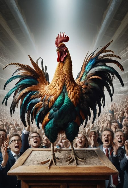 animal rooster speaks from the podium, (primaries:1.5), screaming, wings, paws, open mouth, crowded, (wide angle:1.5), (applause, spectators:1.8), ral-feathercoat, ultra detailed, High detailed RAW color Photo, 8k  <lora:ral-feathercoat:1>