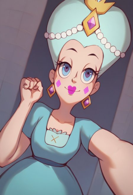 source_cartoon, score_9, score_8_up, score_7_up, mature_female, queen_moon_butterfly, blue_dress, crown, looking_at_viewer, perfect eyes, flat_color, Jumping with arms out to the side, dutch angle, portrait, rating_safe, <lora:sdxl\pony diffusion\characters\queen_moon_butterfly_pony:1.0>