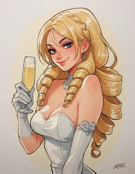 score_9, score_8_up, score_7_up, score_6_up, abarbucci-dh BREAK, 1girl, solo, long hair, breasts, looking at viewer, smile, blonde hair, gloves, dress, holding, bare shoulders, jewelry, medium breasts, braid, earrings, elbow gloves, white gloves, white dress, cup, makeup, traditional media, drill hair, holding cup, alcohol, drinking glass,champagne flute, champagne  <lora:Artist_Style_-_Alessandro_Barbucci_Ekho_Sky_Doll_PDXL:1> <lora:add-detail-xl:0.5>
