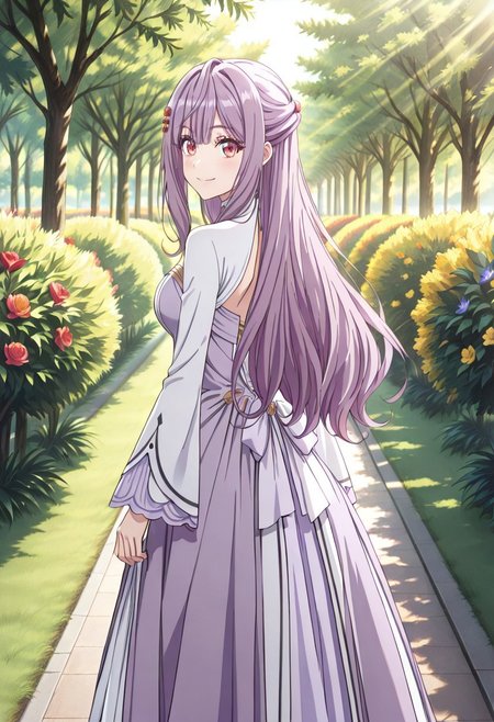 score_9, score_8_up, score_7_up, dynamic view, looking_at_viewer, 1girl, 
masterpiece, best quality, bokeh, luminescent background,
(  mia adenauer,,
   purple hair, long hair,  hair between eyes, bangs, hair ornameny, hair flower,  red eyes, medium brests, 
, dress, two-tone dress, purple dress, white dress, sidelocks, long sleeves, white shoes,, )
 solo, from behind, outdoors, garden, flower, red flower, blue flower, purple flower, yellow flower, looking back, smile,