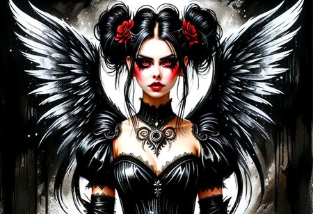 dark macabre wet watercolor portrait of a Fantasy hyper detailed steampunk unique ultra Realistic boujie goth evil Demon angel in beautiful Black dress, big tattered angel wings on scapulas , dark goth make up, Black hair in messy updo bun with red highlights, big clear eyes, dark night, Glamour Shot, very close up(1.5) head and shoulders portrait, insanely detailed and intricate, hypermaximalist, elegant, ornate, hyper realistic, super detailed, glitter decadent detailed, centered in frame, 8k resolution, art by Anders Zorn | Marco Mazzoni | Yuri Ivanovich, Todd McFarlane, Aleksi Briclot, oil on canvas