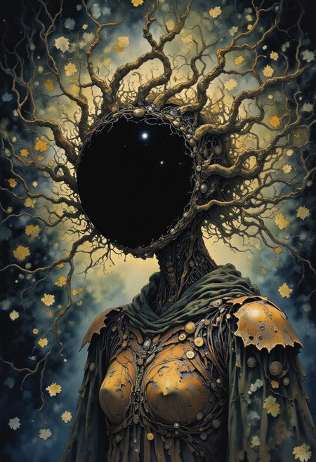 Studio Ghibli Dark Fairytale, intricate cyborg, Portrait of a female robotic entity with long, flowing hair made of twisted, gnarled branches, black hollow eerie head, no face, dark moody, eerie forest background, autumnal decay, golden leaves floating in the air,  
gothic steampunk influences, organic-mechanical fusion, glowing runes embedded in her wooden frame, delicate but unsettling presence, oil painting textures, cinematic lighting, deep shadows, warm but melancholic glow, mystery and sorrow intertwined