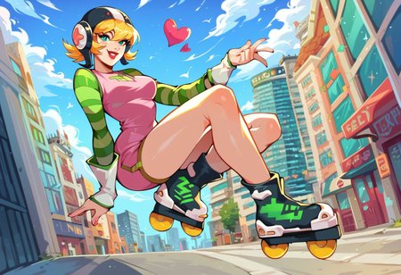 score_9, score_8_up, score_7_up, score_6_up, 1girl, solo, elegant sexy pose, 
slutty, sexy, excellent hair, kind smile, 
gum_jsr, roller skates, blonde hair, pink dress, short hair, striped sleeves,hearts flying around her head, 
Medium breasts, 
red lips, 
excellent eyes,  excellent face, excellent figure, excellent proportions, excellent hair, full body view, city buildings on behind,