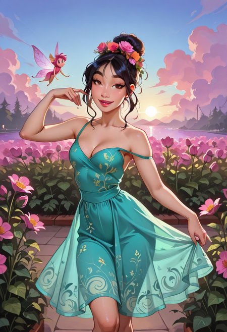 MulanXLP, 1girl, solo, POH-Illu, flowers, dark brown eyes, black hair, hair flowers, hair ornament,
fae, fairy, playful, sexy, teasing, dancing, in a garden, sunshine, puffy clouds, hazy sunshine,
slender,
intricate sundress, festival dress,
slender hips, tiny waist, 
strap slip, cleavage, small breasts,
masterpiece, best quality, newest, absurdres, highres, very awa