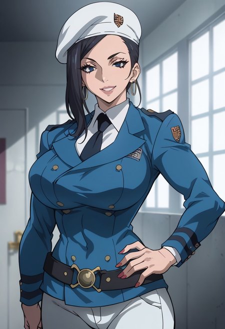 score_9, score_8_up, score_7_up, score_6_up, BREAK, 
mkna, standing, hand on hip, wearing (dark military_uniform, beret, tie, white pants, belt, sword), sheath, hoop earrings, large breasts,
torso, beautiful face, (revealing clothes), (tight outfit: 1.3), tall girl, sexy smile, abs, very fit, muscles, toned, huge breasts, slut, whore, round breasts, breasts together,