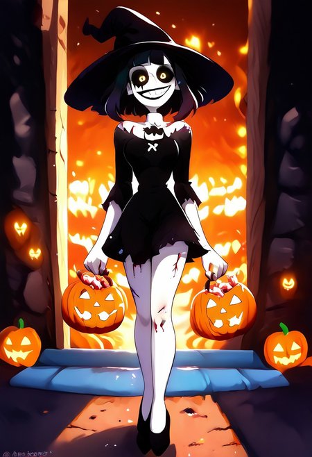 1girl,  kanamori sayaka, ((Goth Girl with very pale skin))  , eyepatch on left eye, smile, grin, black lips, big lips
BREAK
score_9, score_8_up, score_7_up, score_6_up, source_cartoon, rating_explicit 
GothMakeup
MuscleBae
BondageAttire
black hair bow, black sclera, colored sclera, yellow eyes, short black hair, braids, black dress, black high heels,  stitches, injury, scars, + +, injury, scars, blood, black tears, tr1ck0rtr3at, holding, Halloween bucket, doorway, street background, witch hat, Pumpkin spell, zPDXL3