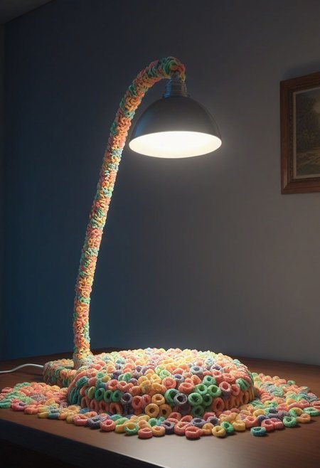 made of Fruit loops , epic picture of a desk lamp on a table, highly detailed, masterpiece, dramatic cinematic lighting, unforgettable, very intricate, high detail , photorealistic detail, ultra-realism , photorealistic,  ultra detailed ,octane render,    <lora:FruitLoopStyle_epoch_9:0.4>