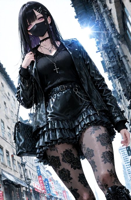 score_9, score_8_up, score_7_up, absurdres, highres, masterpiece, best quality, amazing quality, 1girl, solo, long black hair, purple eyes, black face mask, hairclip, black leather jacket, black sweater, choker, jewelry, necklace, bag on shoulder, black frilled skirt, patterned pantyhose, leather knee boots, thighs, intricate details, dynamic pose, dynamic angle, sun, lens flare, light particles, volumetric light, depth of field <lora:add_detail:1> <lora:Expressive_H:1>