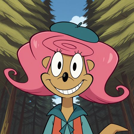 8k, uncensored, masterpiece, best quality, highly detailed, cartoon, 1girl, solo, PatsyCL, furry, anthro, mongoose, pink hair, black eyes, black nose, tan skin, medium tail, teeth, smile, closed mouth, dark-blue beret, blue topwear, scout outfit, (looking at viewer, forest, sky, front view, low-angle view, close-up, detailed background, flat chested, (afternoon), wide eyes, upper body, orange vest, (dutch angle)