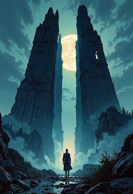art by Edvard Munch, Peter Jackson and Vincent van Gogh, As the night sky fades into darkness, a lone figure emerges from behind the towering structures. The towers stand tall and proud, their reflections illuminated by soft, silver light that casts eerie shadows on the ground below. ,  dripping ink, fairy tales,  heroic characters,  glazed terracotta sculptures,  exploration of light and shadow,  sublime nature, Epic fantasy,  paper,  realistic wildlife depictions,  ink drawings on vintage paper,  exploring themes of adolescence, Contemporary Chinese art, enchanted, dynamic cinematic color, handsome, highly detail, <lora:models\Flux\Illustration concept variant 2:0.3>,