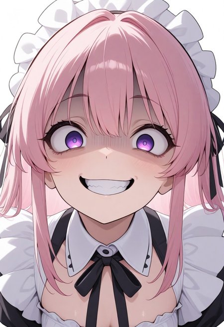 (masterwork, masterpiece, best quality, hyper-detailed, 8k uhd:1.4) 1girl, CivChan, hologram, pink hair, purple eyes,  wide eyes, staring at viewer, maid uniform, huge grin, (scary:1.4), demented, (crazy:1.4),  <lora:CivChan:0.9> quality: masterpiece, extremely aesthetic, highly detailed, dynamic composition, vibrant colors, vivid colors, saturated