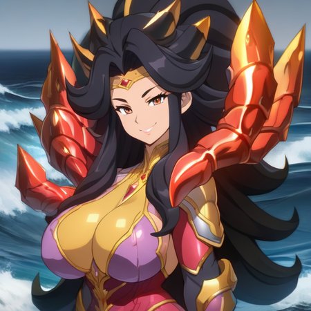 anime, best quality, (masterpiece:1.4), (high quality:1.4), sharp focus, 4k, absurd resolution, detailed hands, (curly hair:0.5), long hair, black hair, 1girl, mature female, (parted hair), (round face), (parted bangs), <lora:ETO_OC_XL:0.7>, looking at viewer, hazel eyes, (thick eyebrows:0.5), smile, <lora:QueenofBladeCos_SDXL:0.6> QueenofBladeCos, glowing, grey sky, large breasts, waves
