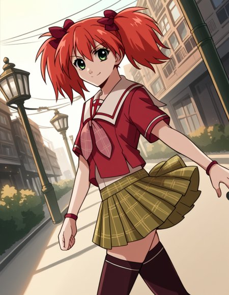 score_9, score_8_up, score_7_up, source_anime, <lora:kokoa-shuzen-s2-ponyxl-lora-nochekaiser:1>, kokoa shuzen, twintails, green eyes, red hair, hair bow, short hair,, skirt, thighhighs, school uniform, black thighhighs, plaid, serafuku, red shirt, short sleeves,, city street, evening, streetlights, walking dog, quiet neighborhood, gentle breeze, smile, from side, looking at viewer, solo,, dutch angle, cowboy shot