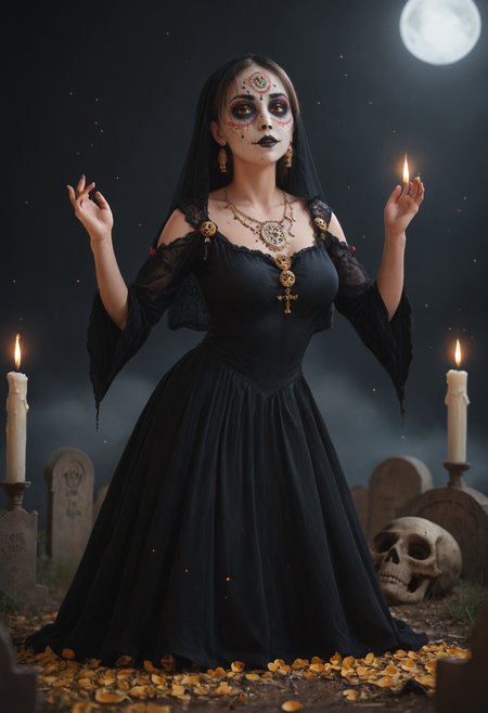 score_9, score_8_up, score_7_up, score_6_up, solo, 1girl, ryoka1, black veil, black dress, gold intricate details, skull face, calavera makeup, dia de muertos, cemetery, dark, candles, flames, particles, yellow petals, spread arms, hands up, action pose, cowboy shot, bent over,  <lora:Ryoka:0.8>