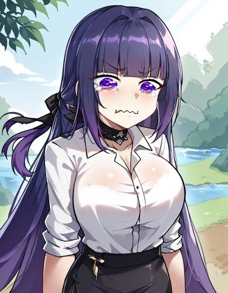 score_9, score_8_up, score_7_up, source_anime, <lora:raiden-mei-office-lady-ponyxl-lora-nochekaiser:1>, raiden mei, long hair, purple hair, bangs, purple eyes, blunt bangs, bangs, gradient hair, hair ribbon,, office lady, white shirt, shirt, pantyhose, skirt, black skirt, long sleeves, large breasts, choker, black choker, sleeves rolled up, Natural settings, trees, rivers, sunlight, wildlife, , <lora:aqua-about-to-cry-ponyxl-lora-nochekaiser:1> crying aqua, crying aqua (meme), crying, tearing up, tears, wavy mouth,, looking at viewer, solo,, dutch angle, cowboy shot