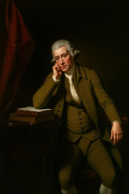 josephwright1 painting. 
A man wearing a wig sits in a formal pose, dressed in a three-piece suit consisting of a waistcoat, jacket, and trousers. He rests his head on one hand while the other hand rests on his lap. A table to his left holds a stack of books. <lora:josephwright1_cap_d6a3e12:1.0><lora:849102810137002291:0>