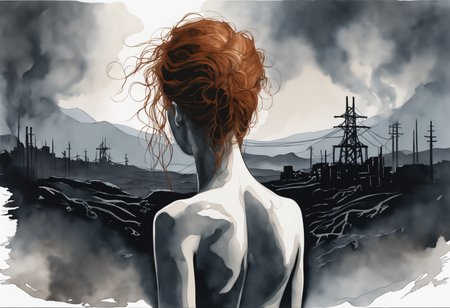 a watercolor painting of a female born from the ashes, from behind.
Her (ginger undone hair:1.2) covers part of her beautiful face and bare chest, cold blue eyes. 

There is diffuse, misty and smoky atmosphere around her, giving the picture a menacing element. 
The picture is painted in a monochromatic scheme, mainly with shades of black, white and gray.

(dystopian style, highly detailed, bleak, post-apocalyptic, somber, dramatic)

