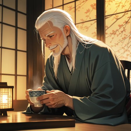 masterpiece, best quality, amazing quality, absurdres, newest, detailed background, definition so sharp, Ultra-HD, 8K cinematic, very awa, impressionate, amazing quality, highres, 
solo, male focus, manly, 
daikakukokujouji, lieutenant_white hair, lieutenant_brown eyes, 1boy, solo, old man, seated, gentle smile, long hair, traditional Japanese attire, kimono, tea cup, warm lighting, shoji screen, cozy atmosphere, storytelling, relaxed, wise, serene, contented, elegant