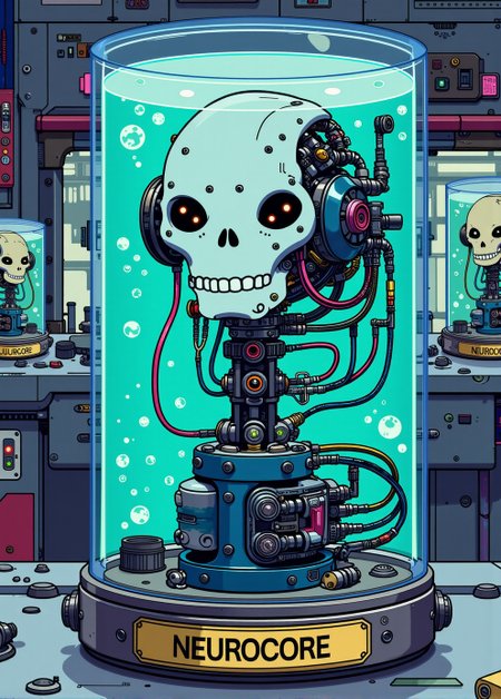 <lora:ck-nc-pastel-cyberpunk:1.1>, A digital artwork in the style of cknc, image of Cyborg as a 'living head in a jar,' inspired by the Futurama series. The head should be in a clear jar filled with a bright blue liquid, with exaggerated tubes and wires connected to it, adding a humorous and whimsical touch. The jar should sit on a metallic stand with a bold, simple nameplate on the front that reads 'NEUROCORE.' The background should be a colorful, futuristic lab with other similar cartoon jars, maintaining a playful and light-hearted tone.
 anime style, key visual, vibrant, studio anime, highly detailed
 <lora:Living_Head_In_A_Jar_Flux:0.8>