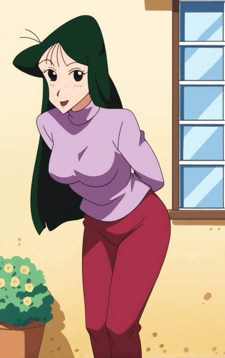 score_9, score_8_up, score_7_up, looking at viewer,  BREAK
Shirt_UmeMatsuzaka_ownwaifu, 
1girl, green hair, straight hair, long hair, black eyes, medium breasts,  breasts, mature female, 
long sleeves, purple shirt, purple sweater, red pants,  
retro artstyle, 1980s (style), 1990s (style), 
(leaning forward, arms behind back), cowboy shot, garden, wisteria, outdoors, <lora:PONYXL_ShinChan_UmeMatsuzaka_ownwaifu:0.85> , depth of field, solo,