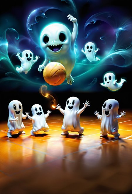 tiny little aliens playing volleyball against cute little ghosts
