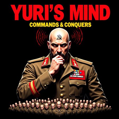 realistic, digital art poster, title red text:"Yuri's Mind" 2nd line yellow text:"Commands & Conquers", Udo Kier mature bald without any hair on head, no eyebrows, shaved eyebrows, gray eyes, eyes wide open, serious intimidating ,pursed lips, brown Van Dyck facial hair style (long goatee & moustache), tattoo on center forehead Gray text:"רו﷿", enlarged forehead, metal band on tip of head , hand on chin. portrait pose, looks at viewer, side pose,shoulder turned to viewer,  he is wearing brown soviet military uniform with red shoulder straps from Red Alert 2,  red radio waves circle lines are coming from his head .  Behind and below him there are many lines of bald men with head down, shadow cover their faces . black background or military world map.
aidmaTextImprover