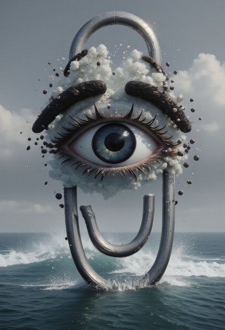 ultra close up clippy with big eyes, look the viewer,  academic realism, historical subjects, double exposure that shows waves stormy ocean