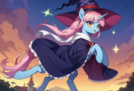 score_9, score_8_up, score_7_up, (source_pony, unicorn),
kazairokotone, solo, dark blue body, witch hat, robe