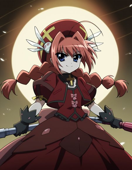 score_9, score_8_up, score_7_up, source_anime, <lora:vita-movie2-ponyxl-lora-nochekaiser:1>, vita, blue eyes, braid, ahoge, red hair, twin braids, rabbit hair ornament,, gloves, hat, dress, weapon, open clothes, open jacket, magical girl, red dress, cropped jacket, hammer,, restaurant, laughter, good food, warm lighting, celebration, smile, looking at viewer, smile, solo,, dutch angle,