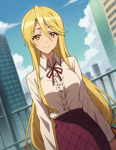 score_9, score_8_up, score_7_up, source_anime,
shizukamarikawa, <lora:shizuka-marikawa-ponyxl-lora-nochekaiser:1>,
shizuka marikawa, long hair, blonde hair, very long hair, low-tied long hair, yellow eyes, hair between eyes, smile,
skirt, shirt, long sleeves, ribbon, white shirt, frills, centered frills,
outdoors, cityscape,
looking at viewer, cowboy shot, dutch angle,