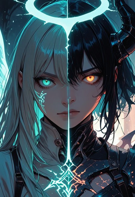 (masterpiece), (best quality), (8k), 2girls, angel and demon, intense stare-down, tension, glowing eyes, magical aura, emissive lighting effects, cinematic lighting, golden hour glow, divine vs infernal contrast, glowing halo above angel, broken or burning halo above demon, floating sparks, glowing tattoos or markings, glowing feathers vs shadowy wings, ambient light particles, symmetrical composition, high detail, soft shadows and light contrast, dramatic environment, detailed armor and flowing cloth, mystical energy in air,