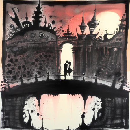 corcoc3s  lovers on the bridge at sunset, black ink <lora:corcoc3s:1>