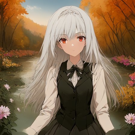 masterpiece,realistic,(flat color:0.5),impressionistic painting,  luna, (colorful flowers:1.2), forest, river, blue sky, waterweed, autumn, dusk, Slender flowers , detailed face, turning, vest, skirt, pantyhose,upper body, standing, looking at viewer, cloud,pole color,red eyes, white hair, <lora:Luna_Pony_test_after_3-000060:1>