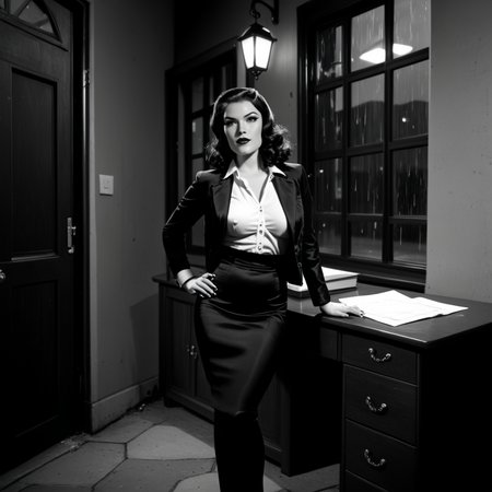 Film noir style nstylev2, Film noir style, ultra realistic, ultra defined textures, monochrome, dynamic posing, a curvy blond with frecklesA seasoned detective leans back in his chair, eyes locked on the stunning woman sitting across from him. She crosses her legs, adjusting the sheer black stockings beneath her pencil skirt, her lips painted a wicked shade of red. "You donât trust me," she purrs, dragging her manicured nails along his desk. Outside, the city hums with restless energy, but in this moment, the only thing louder than the rain on the window is the way she makes his pulse pound.  <lora:Noir-Style_FilmPhotography_V1_-_Pony-000009:1> . Monochrome, high contrast, dramatic shadows, 1940s style, mysterious, cinematic