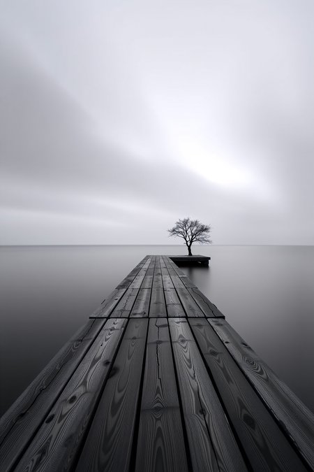 A monochromatic landscape of profound stillness, captured through an extended 10-minute exposure that transforms the visual perception of time and motion. A solitary wooden pier extends into a misty, silk-like seascape where water and sky merge into an indistinguishable, ethereal gradient of soft grays. The horizon line is barely perceptible, creating a minimalist composition where negative space becomes as significant as the structural elements.

In the foreground, weathered wooden planks of the pier display intricate textures - each grain and weathered crack meticulously rendered, suggesting decades of silent endurance. Wispy cloud formations drift imperceptibly, blurred into gossamer-like streaks that create a sense of infinite, suspended movement against a luminous, pearl-like background.

The long exposure technique renders water as a smooth, reflective surface resembling polished glass, with subtle variations in tone creating a meditative, almost abstract quality. Soft shadows and delicate gradations of light suggest an early dawn or twilight moment, enhancing the scene's contemplative atmosphere.

A single, bare tree silhouette stands distantly on the pier's edge, its stark form providing a minimal focal point that emphasizes the landscape's profound sense of solitude and quiet introspection. The entire composition breathes with a dreamlike tranquility, characteristic of Michael Kenna's distinctive photographic approach.