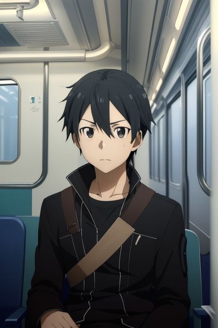 high resolution, solo, best quality, 1Boy, Kazuto Kirigaya, portraits, Black Hair, Black Eyes, train, inside train, OverallDetail