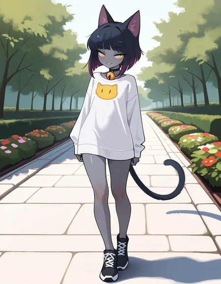 masterpiece, best quality, very aesthetic, absurdres,
outdoors, casual, 
full body, standing, posing,
seductive smile, parted lips, long eyelashes,
<lora:Agnes_v01_NAIXL:1>
4gn3s,1girl,solo,cat girl,cat ears,multicolored hair,bangs,bob cut,yellow eyes,neck bell,grey skin,cat tail,