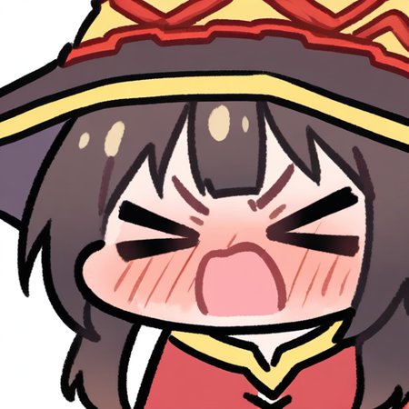 by: Miratsu 169 (masterpiece,best quality,absurdres:1.2), vibrant,highly detailed, 1girl, solo, 
megumin, chibi, big head, angry, cowboy shot,closed eyes, open mouth, full-face blush, 
witch hat, floating head,
<lora:miratsu_noob:1>, simple background, white background,