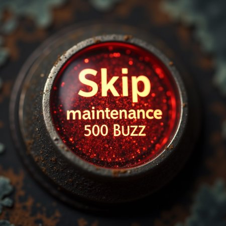 squire button with inscription text "Skip maintenance for 500 Buzz". burning computer