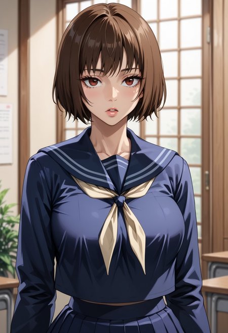 anime artwork, score_9, score_8_up, score_7_up, score_6_up, score_5_up, solo, perfect eyes, detailed eyes, beautiful female, detailed face, dynamics lines, 20 year old, perfect beautiful face, long eyelashes, sharp eyes pupils, (bedroom:1.3), (upper body:1.5), large breasts, wide hips, hips,,1 girl, bangs, short hair, brown hair, bob cut, neckerchief, blue skirt, kneehighs, blue sailor collar, blue shirt, black socks, school uniform, long sleeves, sailor collar, pleated skirt, short skirt, blue serafuku, white neckerchief, blue skirt, serafuku,