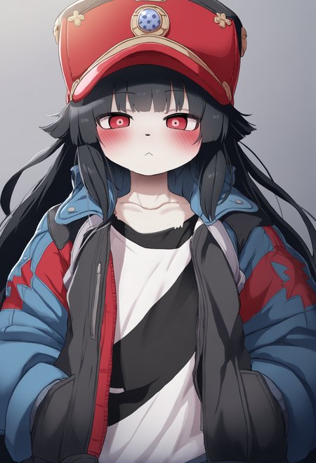masterpiece, hyper detailed, best quality,(furry:1.3),solo, 1girl  , black hair, looking at viewer, simple background, bangs, hat , jacket  ,<lora:DAGASIXLlokr8f-000188:0.95>
