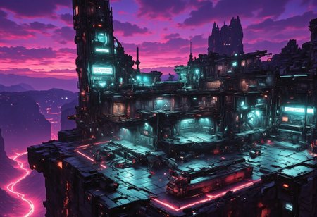 OBxiaoxiang, CAICO, inksketch purple and gray theme, Abstract digital painting in the style of ck-js, detailed photorealistic image, a sci-fi Miningstation of colossal buildings and towers in a barren lavender lush landscape, looking like an Mining Outpost perched at the Cliff, of a volcanic cliff, its sleek towers a stark contrast to the cliffs surrounding it. The planet’s sun casts a vivid, cyan surreal light across the station, while deep fissures reveal glowing rivers of molten pink lava far below. The sky is a surreal shade of black and purple, dark glowing diodes and lights ((dark glowing diodes, lights and neon signs), Firestorm Inc. written on the neon signs), attached to the building is a landing field with 3  Spaceships landed on it, Dragonkin like creatures are around fixing some spaceships, two moons hanging low in the horizon, each reflecting light off the surface, large depth of field. The sky is a dark pink, with 2 broken moons hanging low in the horizon <lora:more_details>
realistic, detailed background, shaded, detailed, hi res, realistic, photography \(artwork\), (by kenket), by ross tran, by michael & inessa garmash, by pino daeni, by isvoc, by kiguri, by alena aenami, by ruan jia, (by zenthetiger, by wolfy-nail), by Enki Bilal, by drmax, photorealism, <lora:add_detail:1.3
